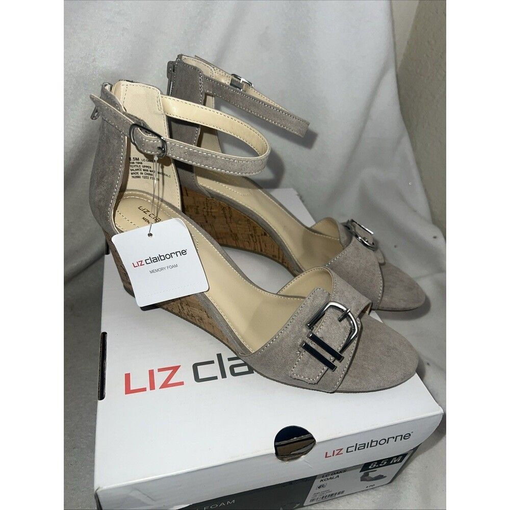 New Liz Claiborne Cork Wedge High Heel Koala Suede Buckle 8.5 M Oaks Club Party